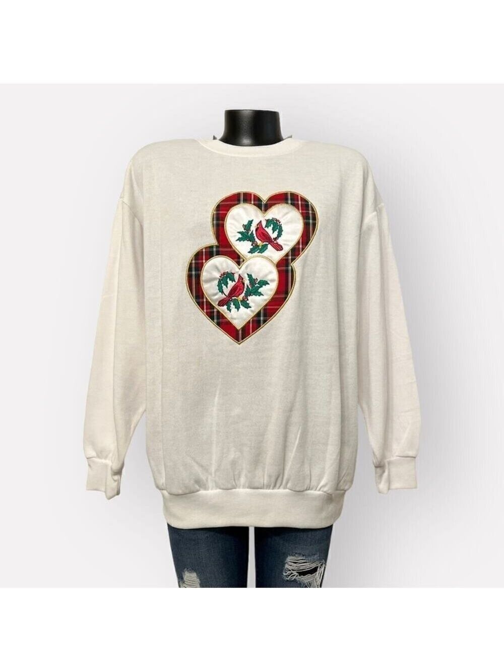 Vintage 80s NEW Womens L Cardinal Christmas Sweater Tartan Plaid Hearts Holiday